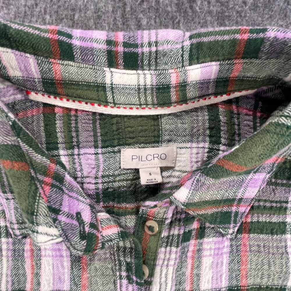 Anthropologie Pilcro Tallulah Puff-Sleeve Plaid Buttondown Top S Green Blouse - Picture 4 of 13